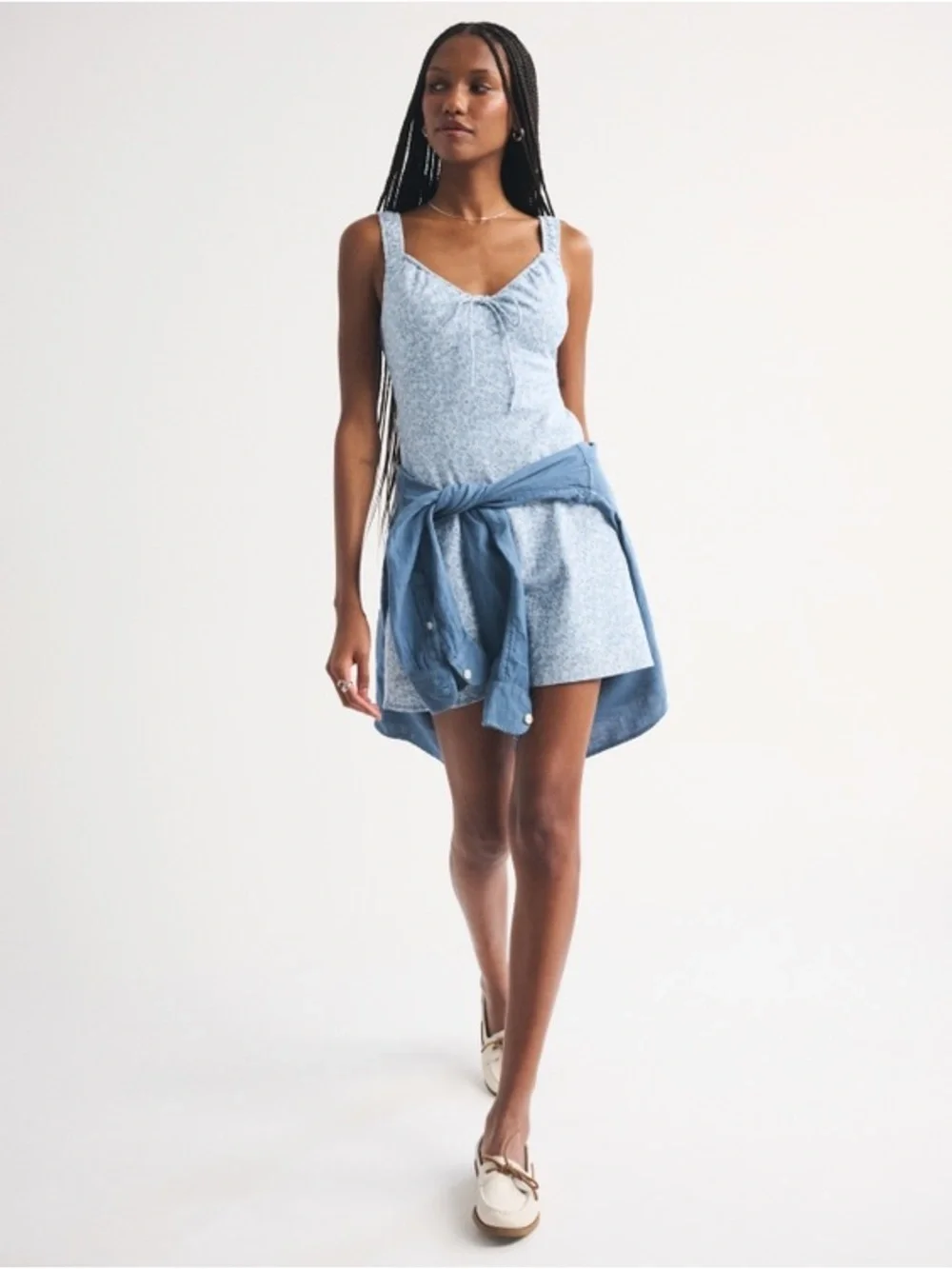 Abercrombie & Fitch Bra-Free Tie-Front Linen-Blend Mini Dress blue floral